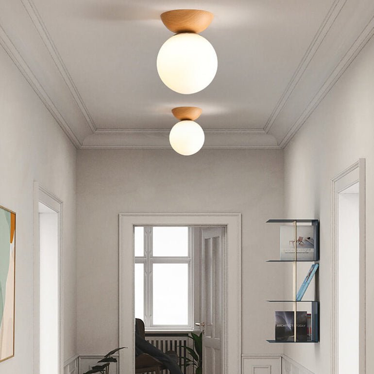 Nordic Wood & Glass Ceiling Light – Minimalist Globe Flush Mount Fixture