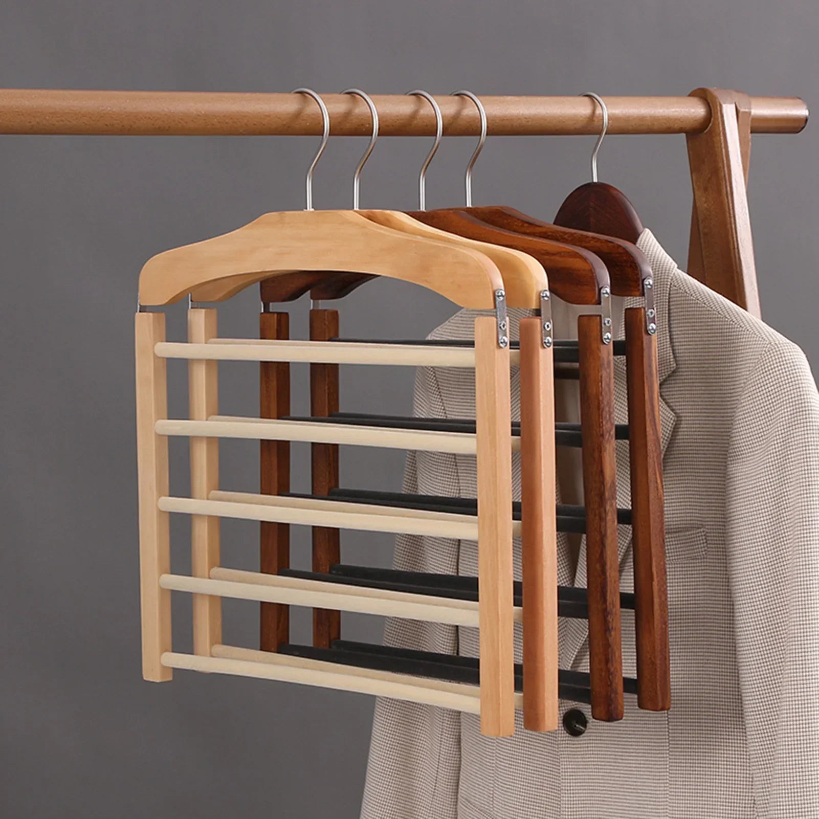 Wooden Pants Organizer – Multi-Tier Space-Saving Trouser Rack for Closet Storage