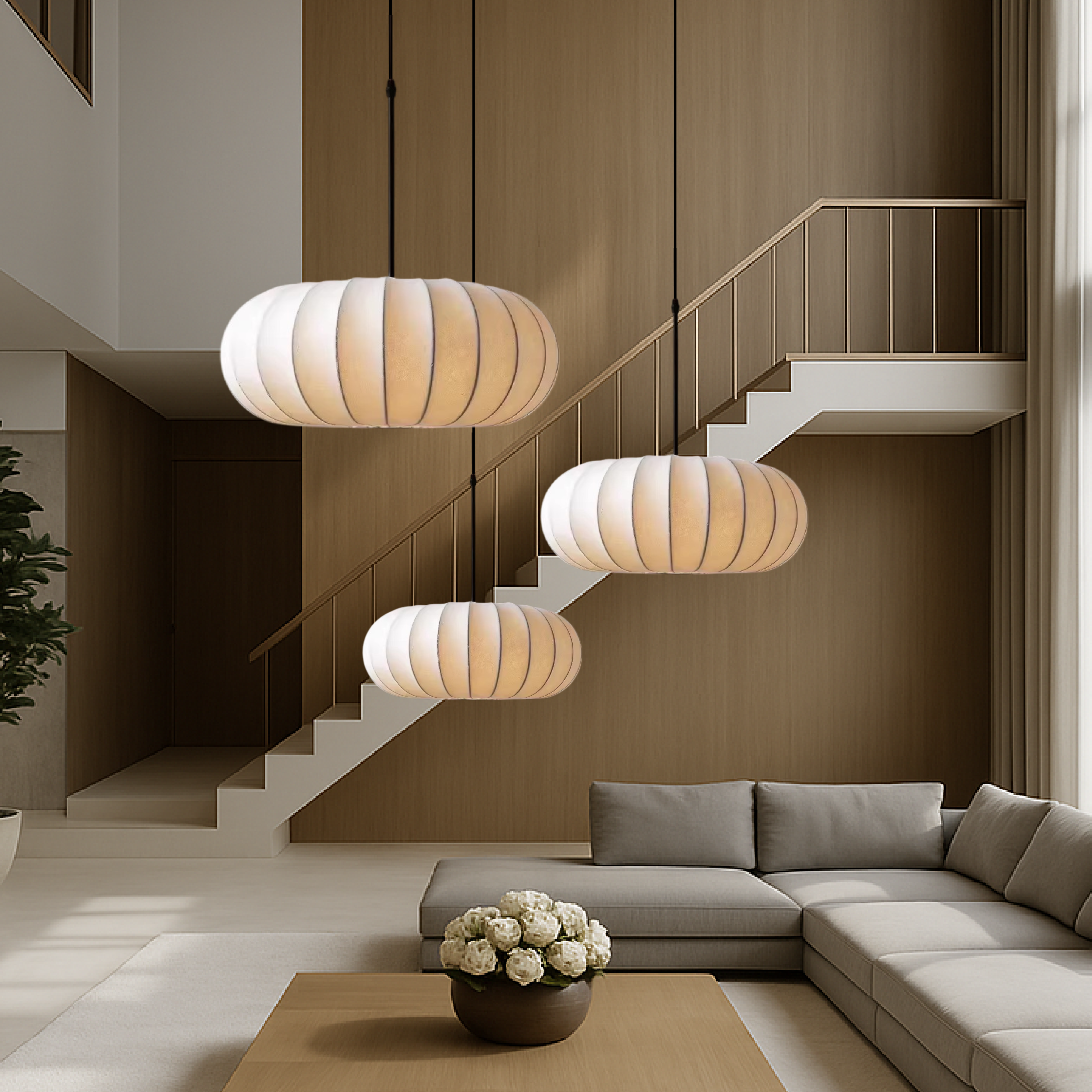 Scandinavian Oval Pendant Light – Soft Fabric Dining Room Hanging Lamp