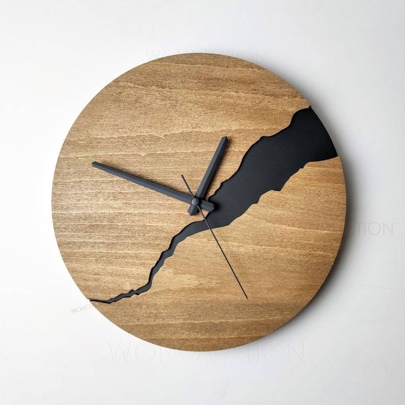 Wooden Wall Clock with Black River