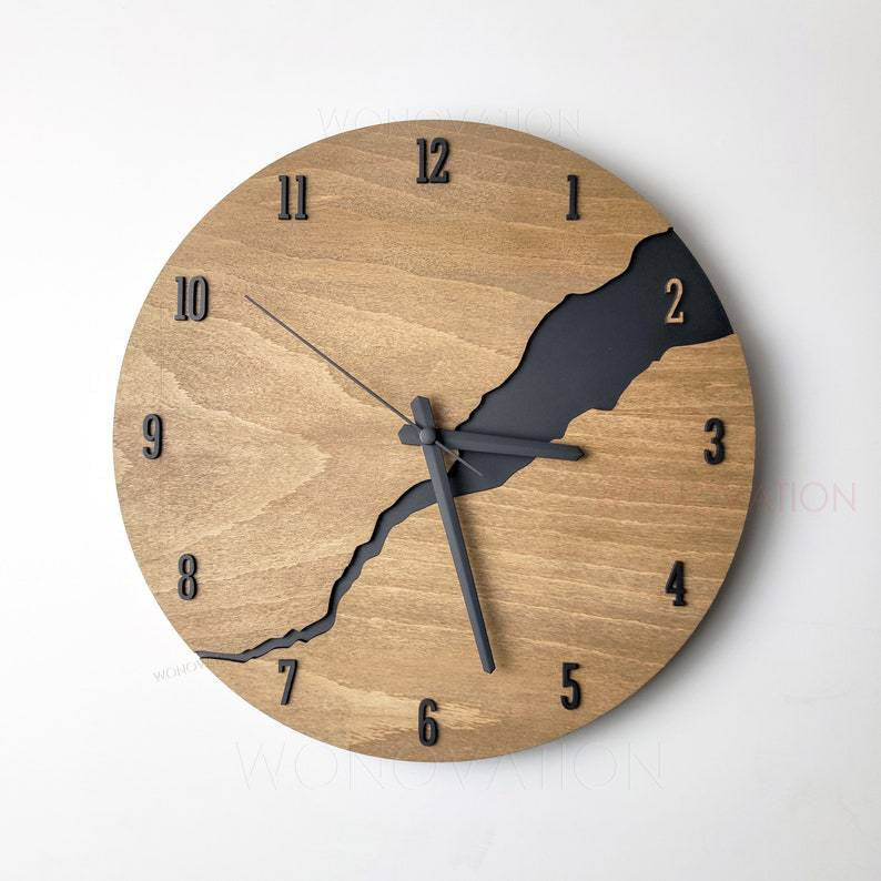 Wooden Wall Clock with Black River