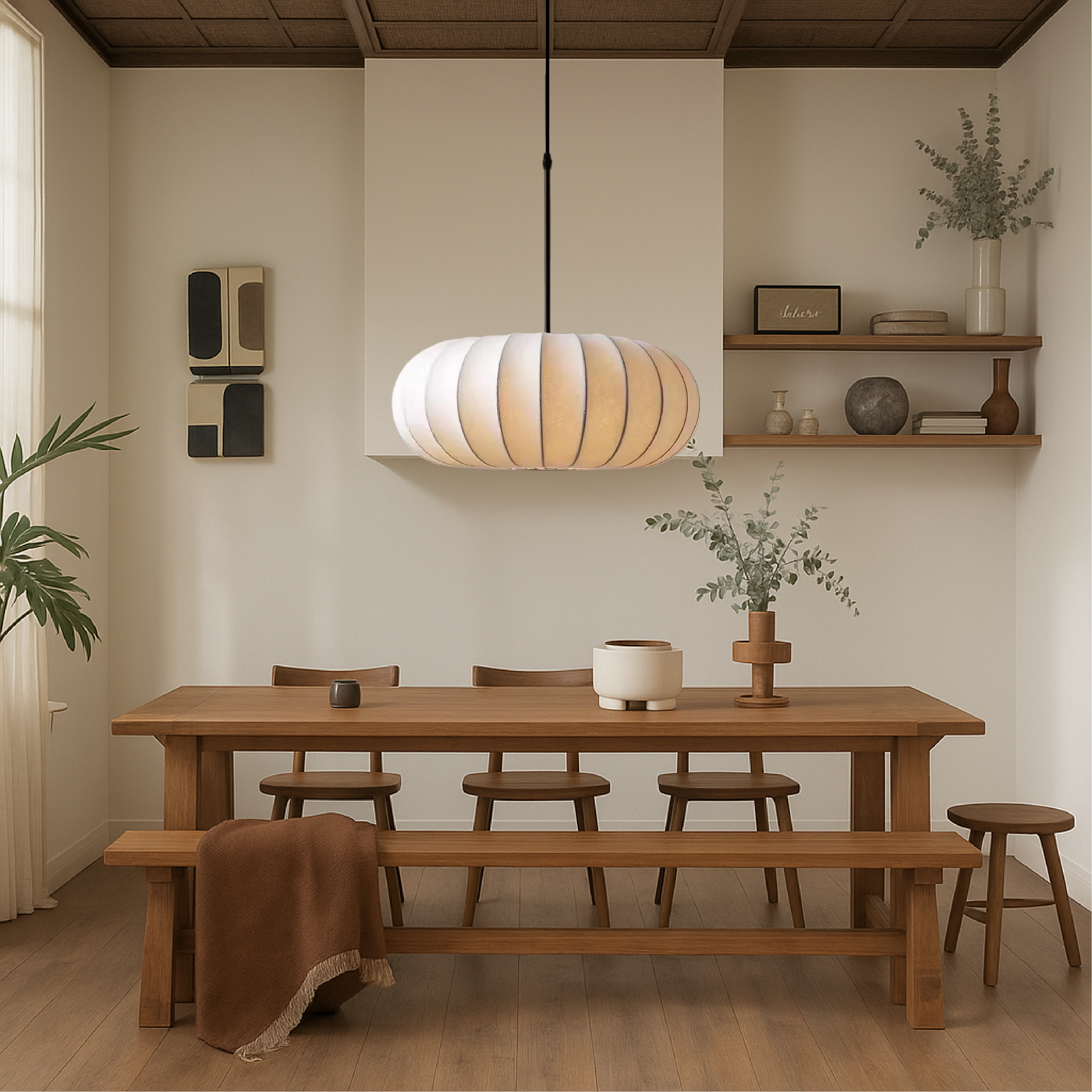 Scandinavian Oval Pendant Light – Soft Fabric Dining Room Hanging Lamp