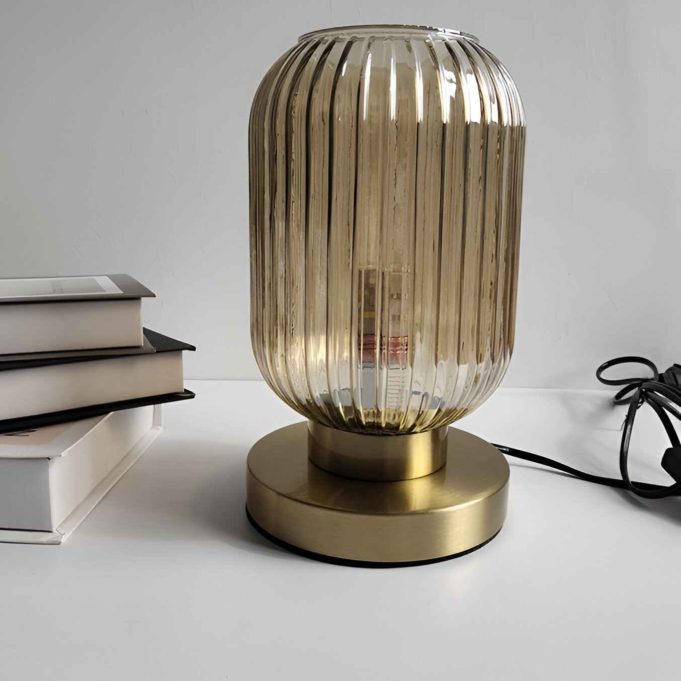 Modern Ribbed Glass Table Lamp – Ambient Gold Base Light