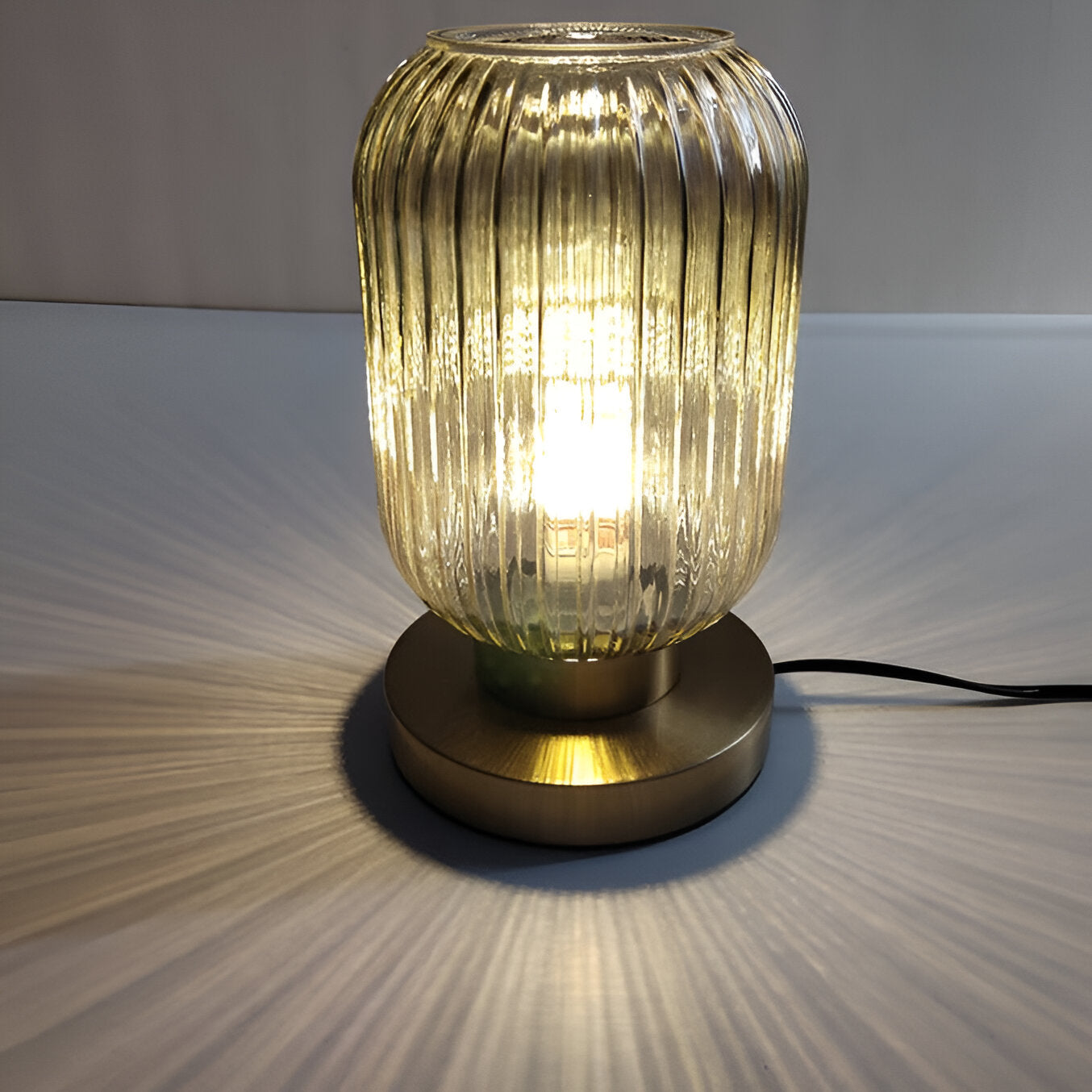 Modern Ribbed Glass Table Lamp – Ambient Gold Base Light
