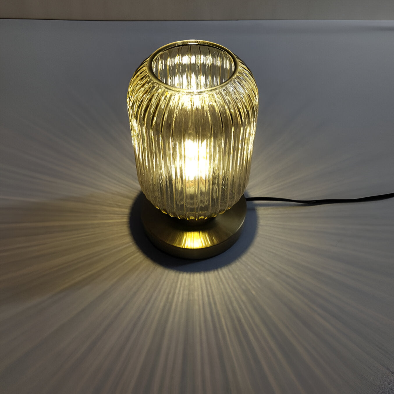 Modern Ribbed Glass Table Lamp – Ambient Gold Base Light