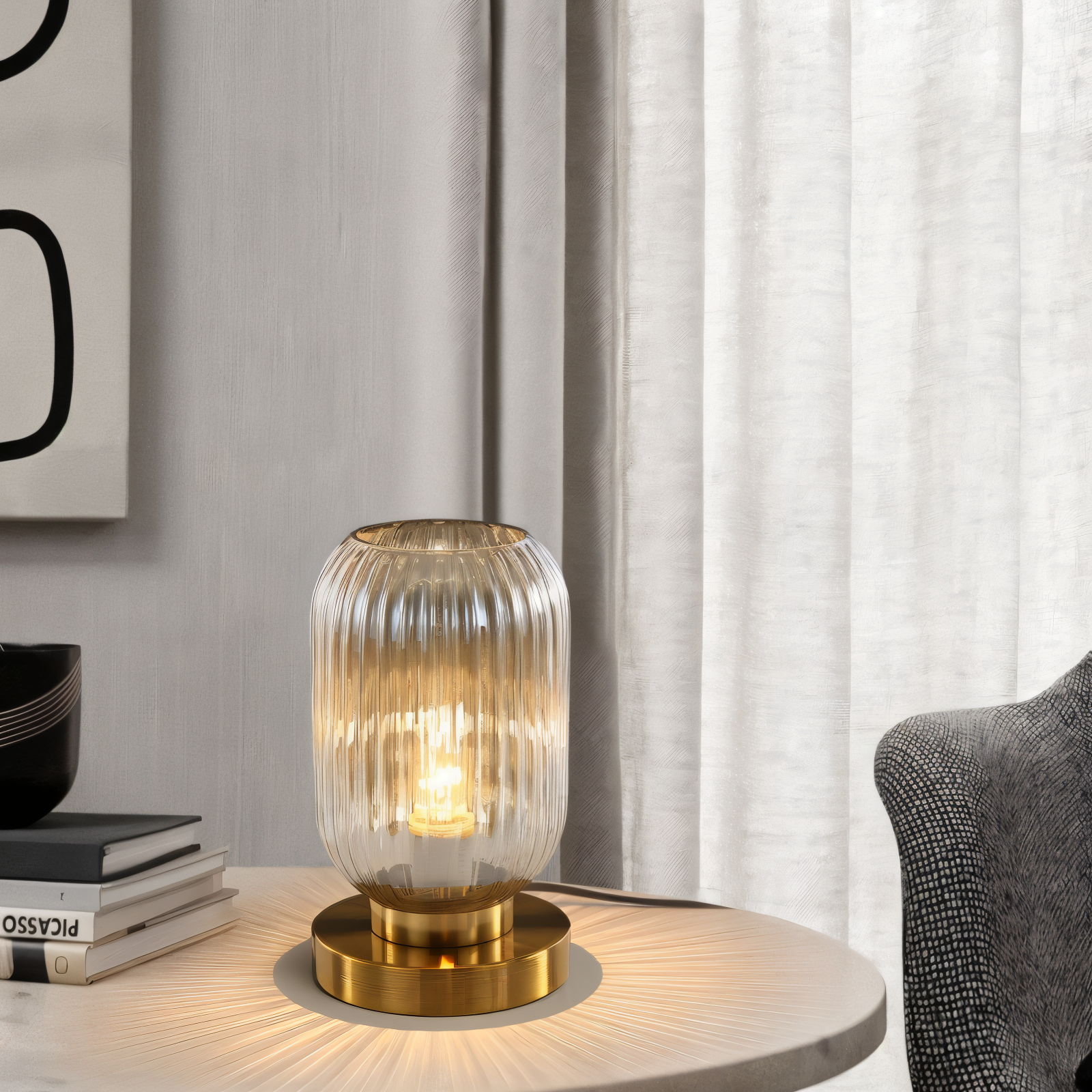 Modern Ribbed Glass Table Lamp – Ambient Gold Base Light