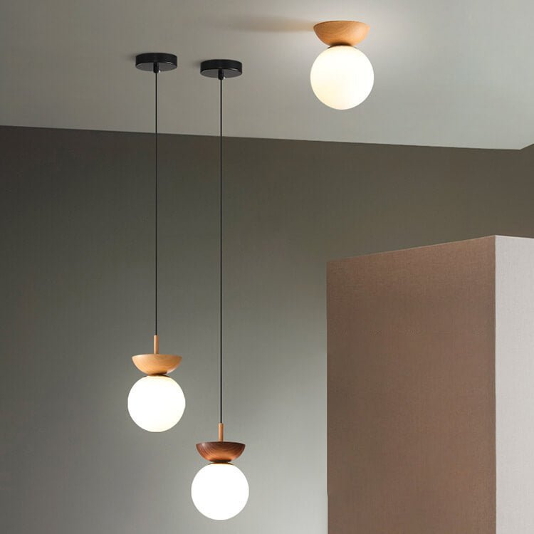 Nordic Wood & Glass Ceiling Light – Minimalist Globe Flush Mount Fixture
