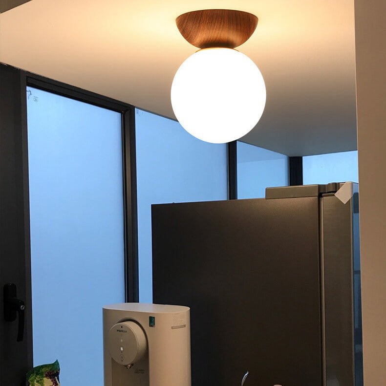Nordic Wood & Glass Ceiling Light – Minimalist Globe Flush Mount Fixture