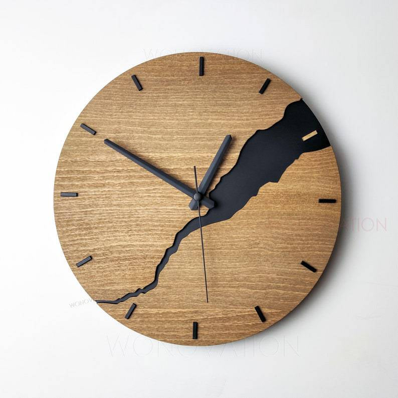 Wooden Wall Clock with Black River