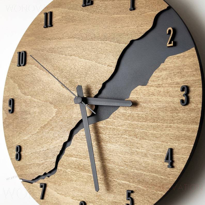 Wooden Wall Clock with Black River