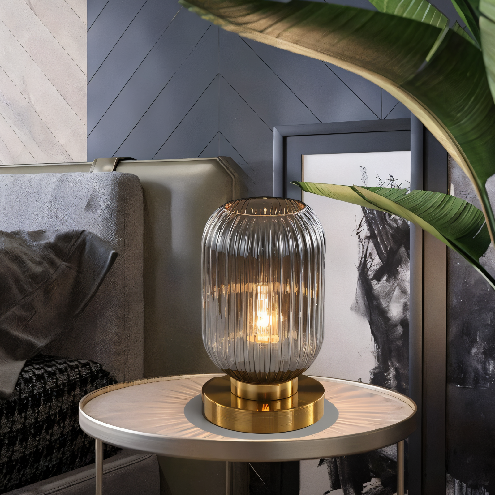 Modern Ribbed Glass Table Lamp – Ambient Gold Base Light