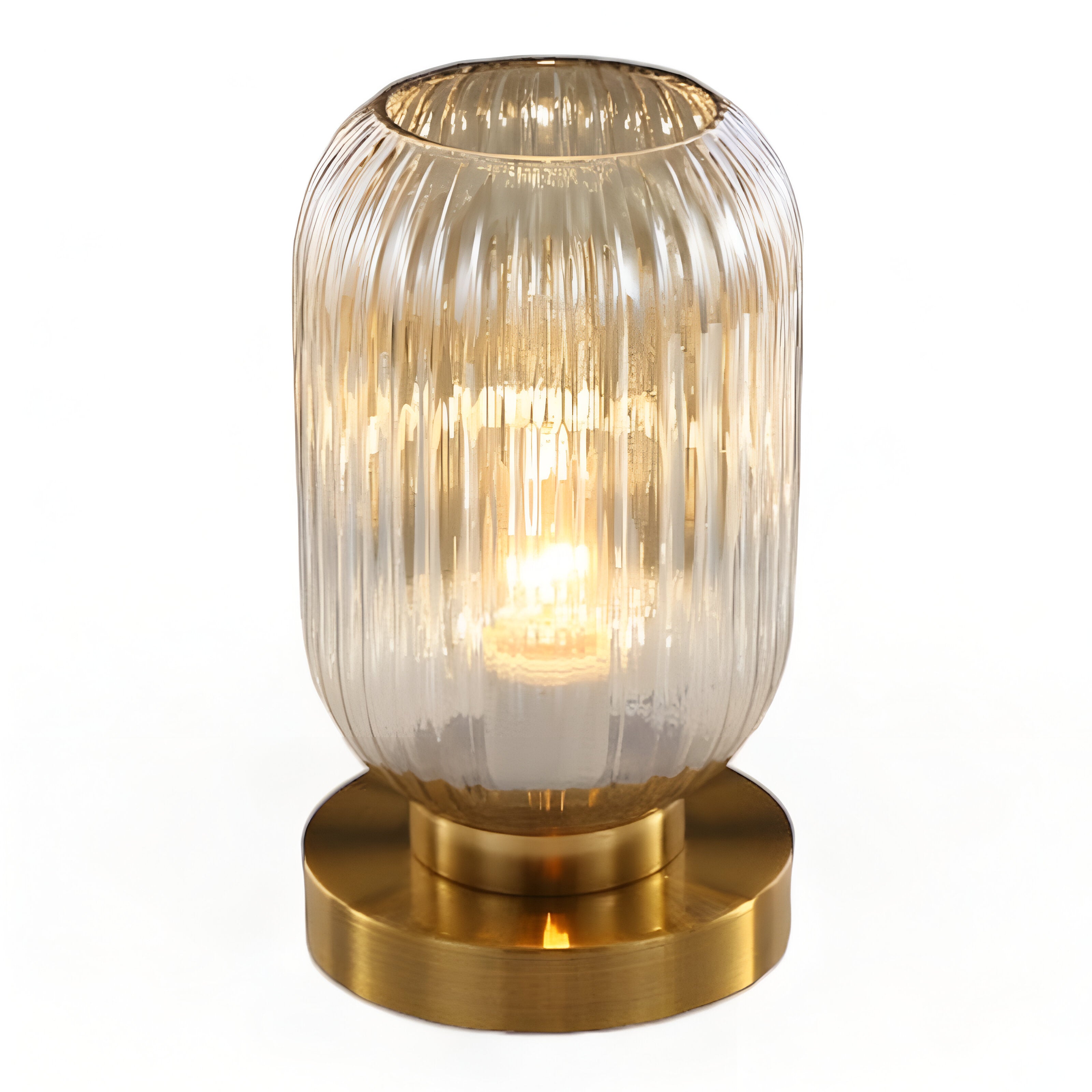Modern Ribbed Glass Table Lamp – Ambient Gold Base Light