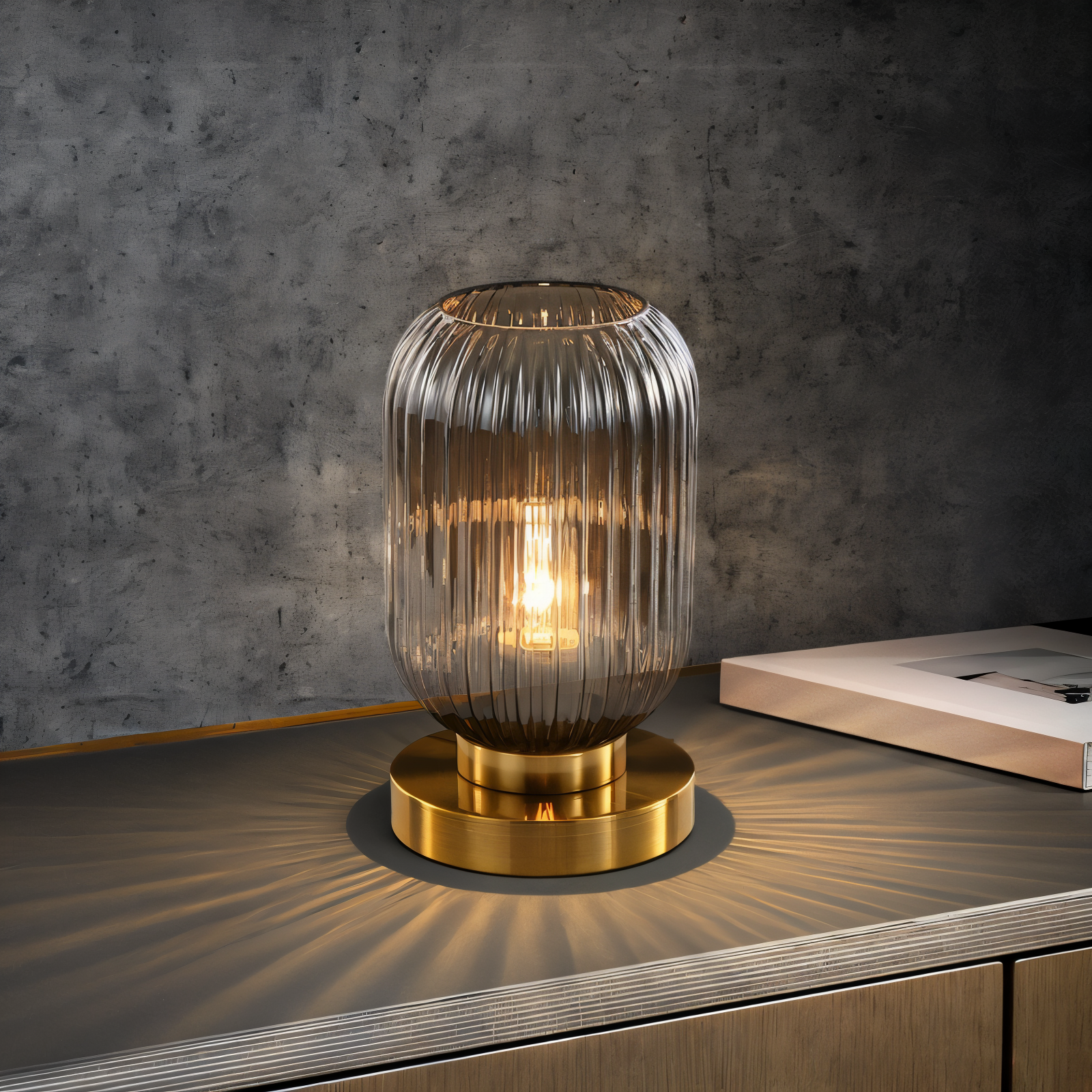 Modern Ribbed Glass Table Lamp – Ambient Gold Base Light