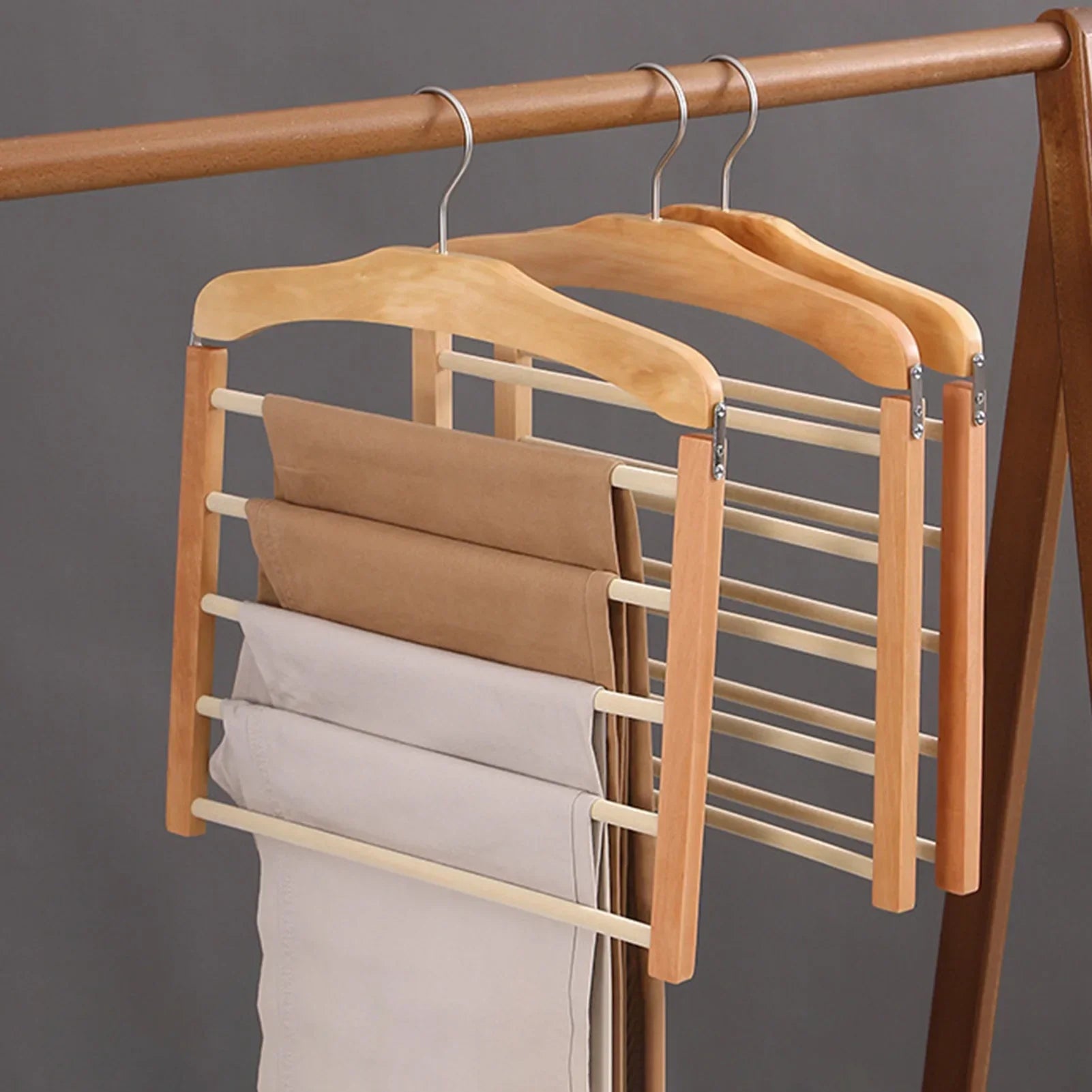 Wooden Pants Organizer – Multi-Tier Space-Saving Trouser Rack for Closet Storage